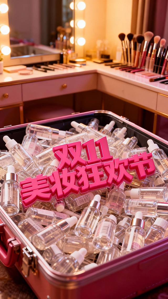 粉色3D大字“双11美妆狂欢节”置于满载精华瓶的行李箱中，搭配暖光梳妆台背景，融合甜蜜感、时尚感与促销氛围，软3D风格增强视觉层次，营造奢华实景购物体验。