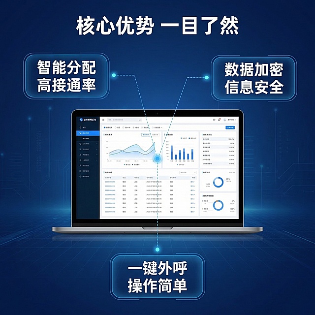 [主图主题] 企业外呼软件核心卖点展示
[氛围/风格] 现代科技商务风格，数据化可视化展示
[画面元素] 笔记本电脑显示外呼系统主界面，以界面为中心，通过三条极细蓝色科技感虚线分别连接三个核心卖点，每个引线末端带有蓝色定位光点，背景为深蓝色渐变，带有微弱网格科技纹理，整体干净专业
[配色色系] 主色调：深蓝色；辅助色：浅蓝色科技光、白色文字
[视角构图] 中心平视构图，主体突出，清晰有序
[文字版式] 顶部主标题 " 核心优势 一目了然 "，三个卖点分别对应文字 " 智能分配 高接通率 " " 数据加密 信息安全 " " 一键外呼 操作简单 "，每个卖点文字放置在浅蓝半透明胶囊框中，字体为粗体无衬线，字号层级分明，整体排列整齐，视觉引导清晰。
