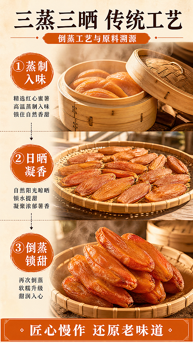 [第3张] 工艺展示页-三蒸三晒传统倒蒸工艺详解。本张使用【图1】中的蒸笼和蜜薯干元素作为工艺示意参考。
[氛围/风格] 传统手作风+古朴质感+暖调烟火气，商业摄影质感。
[元素布局] 画面纵向分为三段式，从上到下展示三道工艺：上段「一蒸一晒」竹制蒸笼冒着蒸汽，蜜薯初蒸状态；中段「二蒸二晒」竹匾上晾晒的半干蜜薯，阳光照射；下段「三蒸三晒」成品琥珀色蜜薯干堆叠，光泽透亮；每段之间用虚线箭头连接，表示工艺流程递进。
[光影质感] 暖黄色调，模拟传统作坊的自然光和蒸汽氤氲感，每段有独立光源突出主体，整体温暖有层次。
[配色色系] 全局底色 #FFF3E0（浅橙米色）；主色暖橙 #FF9800；辅助色深棕 #5D4037、竹黄 #FBC02D。
[视角构图] 纵向三段式竖拼构图，阅读动线从上至下依次阅读三道工艺。
[文字版式] 顶部主标题「三蒸三晒 传统工艺」，书法感宋体深棕色；每段左侧配大号数字「①②③」+ 工艺名称「蒸制入味」「日晒凝香」「倒蒸锁甜」，白色字配橙色圆形底；每段下方有短句说明，黑色宋体；底部横条「匠心慢作 还原老味道」，橙色底白字；字形与第1张统一。
[比例分辨率] 9:16竖版比例，4K分辨率，文字清晰可辨，高清画质。
[负向提示词] 变形，水印，文字错乱，文字过小，颜色偏差，蒸笼形态错误，蜜薯干质感失真。