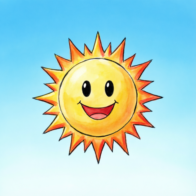 一个明亮温暖的太阳，天空背景，色彩鲜艳饱满，卡通风格，线条清晰，画面干净简洁预览效果