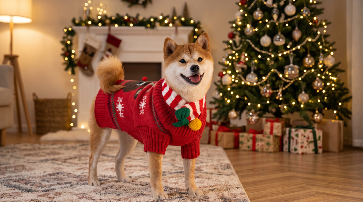 保留原图中狗狗和红色圣诞毛衣的主体特征不变，生成夜晚温馨圣诞节客厅场景，装饰着彩灯和圣诞树，狗狗穿着这件圣诞毛衣开心玩耍，超清，细节丰富，真实自然预览效果