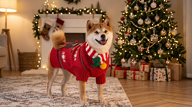 保留原图中狗狗和红色圣诞毛衣的主体特征不变，生成夜晚温馨圣诞节客厅场景，装饰着彩灯和圣诞树，狗狗穿着这件圣诞毛衣开心玩耍，超清，细节丰富，真实自然