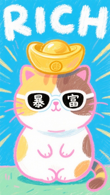 一只粉色描边的Q版卡通三花肥猫正面（黄色+白色+棕色），头顶有个大大的金元宝，带着白色镜框的墨镜，镜片上分别写着"暴"和"富"两个白色字。蓝色背景（带有放射线），上面”RICH“ 毛茸茸效果预览效果