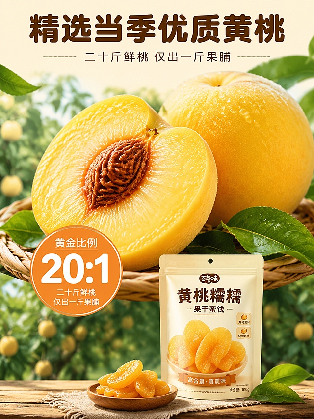 [第2屏] 产地原料展示屏-黄桃果脯原料溯源展示。本屏使用黄桃鲜果实景作为主视觉，产品包装辅助。
[氛围/风格] 自然新鲜果园氛围，真实溯源，突出原料高品质。
[元素布局] 画面上半部分放大展示新鲜采摘的完整黄桃和对半切开的黄桃果肉，果肉饱满多汁，果核清晰可见，占屏超过60%，下半部分摆放一袋黄桃糯糯成品，背景是虚化桃园。黄桃鲜果色泽金黄自然，保持成品包装和原图一致。核心原料元素放大占屏，信息密度饱满。
[光影质感] 自然日光，顶侧光，突出果肉汁水光泽，纹理清晰，通透自然。
[配色色系] 全局底色 #f5f1e3，主色鲜黄果肉色，辅助色绿叶浅棕色，自然清新。
[视角构图] 上下构图，上原料下产品，层次清晰，主视觉突出。
[文字版式] 顶部主标题写 "精选当季优质黄桃" 深棕色圆角粗体；下方副标题 "二十斤鲜桃 仅出一斤果脯" 浅棕色小字号；主原料区域留白足够，文字不遮挡果肉主体，左下角用圆形突出核心数据 "20:1" 橙色底白字，清晰醒目。字体保持圆角黑体，字色深棕不变。
[比例分辨率] 3:4 竖版比例，4K分辨率，文字清晰可辨，高清画质。
[负向提示词] 变形，水印，文字错乱，文字过小，缺件错件，结构错误，颜色偏差，包装文字错乱，产品图模糊，背景杂乱。