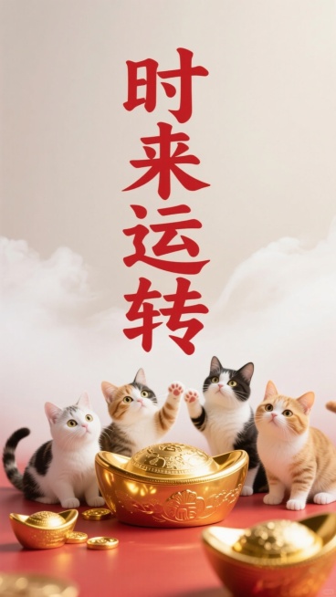 竖着居中写着“时来运转"，四只小猫咪趴在旁边，聚宝盆，元宝喜庆色调，背景上有云雾等元素，简单背景预览效果