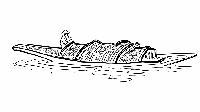 将这张乌篷船素描转换成清晰的矢量风格插画，保留原构图、黑白线条风格和所有内容细节，线条干净顺滑