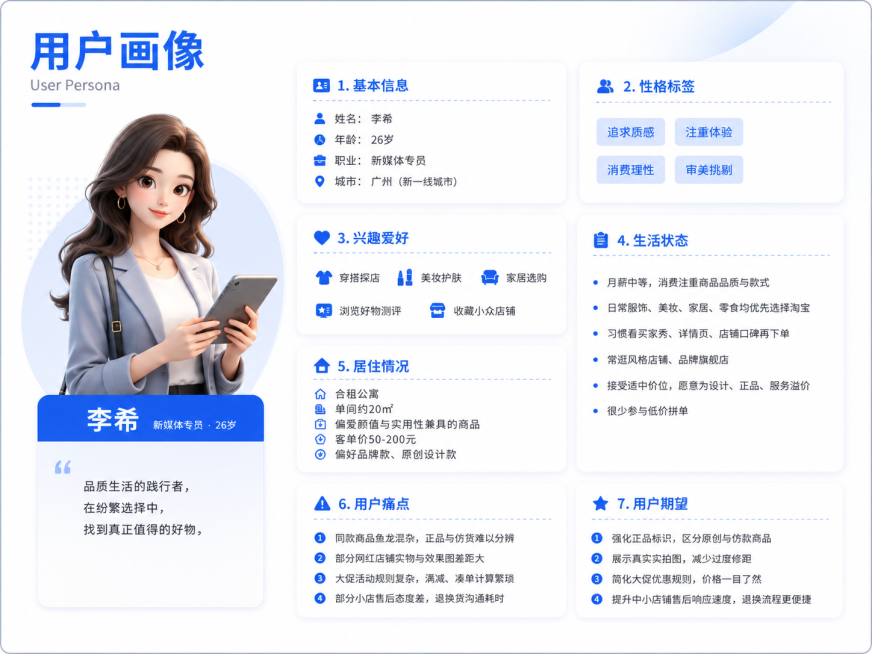 参考提供的用户画像PPT设计风格，生成李希的用户画像，风格为简约现代蓝白商务风，包含用户基本信息：姓名李希，年龄26岁，职业新媒体专员，城市广州（新一线城市），性格追求质感、注重体验、消费理性、审美挑预览效果