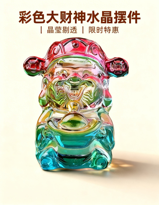 彩色大财神水晶摆件主卖点海报,舒适简约风格,背景为纯净浅米色,高清彩色大财神水晶摆件居中放置,光影凸显水晶通透质感。顶部居中悬浮文字“彩色大财神水晶摆件|晶莹剔透|限时特惠”,字体为无衬线粗体,深棕色预览效果