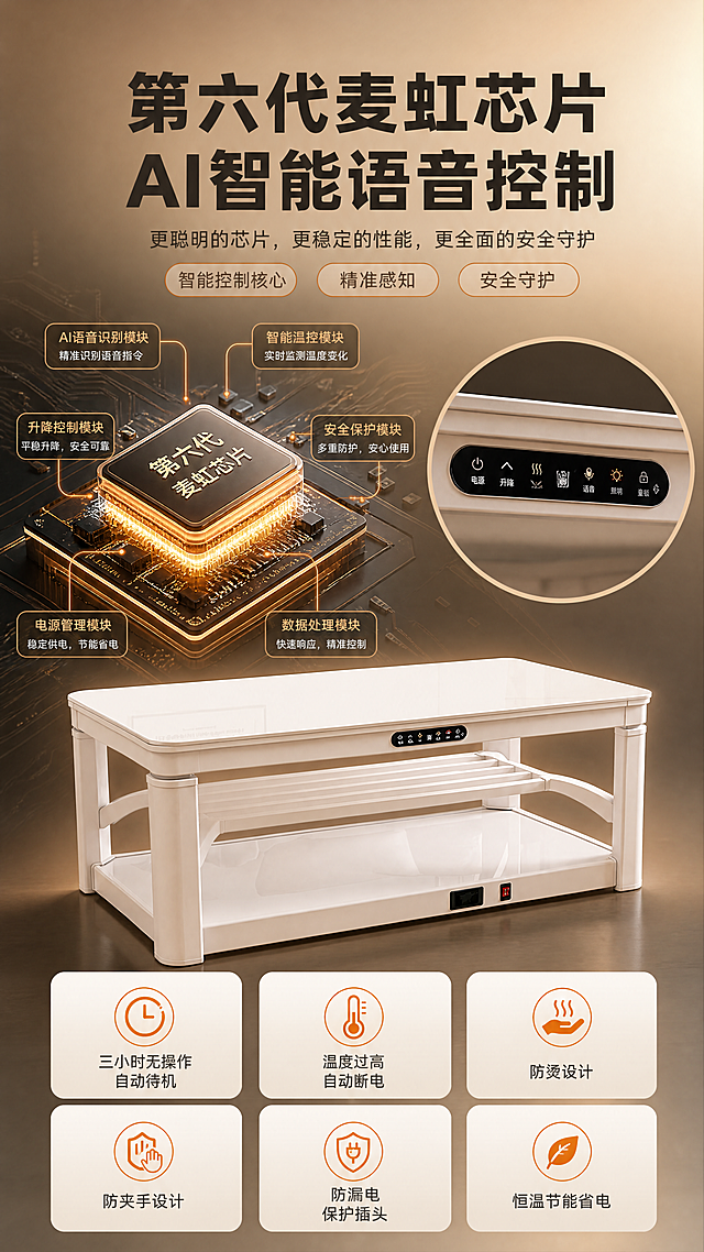 [商品] 使用【图1】麦虹智能升降取暖茶几；保留产品整体外观和触控显示屏；新增芯片结构示意（概念化展示，不虚构具体型号），表现智能控制核心。
[画面] 页面目标：展示第六代麦虹芯片带来的智能与安全保障。构图：顶部标题区，中部左侧为芯片结构概念图（带发光线路），右侧为产品正面触控屏特写；下方横向排列6个安全功能图标。背景为深色科技感渐变但保持暖调。阅读动线：标题→芯片+产品→6大安全功能。
[视觉] 套系策略：风格=现代简约家居商业摄影，温馨科技感；标题字=粗黑无衬线大字；正文字=简洁无衬线体；主色=暖白+米杏；背景延展=基于暖白米杏做深浅层级、同色渐变和细腻哑光质感；强调色=暖橙色，仅用于小面积图标、引线、标签高亮；标题色=深炭灰；正文色=中暖灰；组件=圆角浅底信息卡、细线引线、胶囊形卖点标签；光影=左前侧暖柔光，产品底部柔和投影。
[文字] 顶部主标题"第六代麦虹芯片，AI智能语音控制"；下方6个功能分别标注："三小时无操作自动待机""温度过高自动断电""防烫设计""防夹手设计""防漏电保护插头""恒温节能省电"；文字均为横排。
[规格] 图片比例9:16竖版，4K，负向提示：避免变形、错字、文字过小、冷蓝冷灰背景、产品颜色改变、结构失真、极限词、水印、二维码、虚构认证。