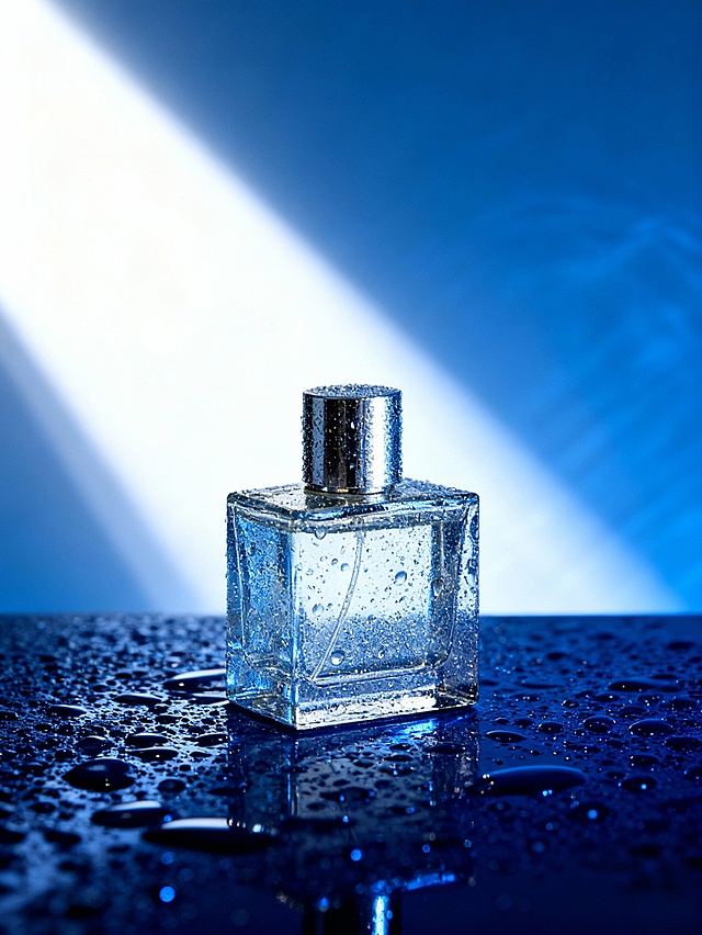商业产品摄影，放置在布满水珠的深蓝色光滑表面上。**冷调影棚硬光**（从左上方斜射，形成锐利的光束纹理，瓶身金属饰边反射出亮白色高光，水珠表面呈现晶莹的光斑），背景是渐变的蓝白色光晕，阴影柔和且带有漫射的波纹质感。超写实质感，8K分辨率，瓶身细节清晰，水珠纹理通透，整体呈现水润、清透的氛围。