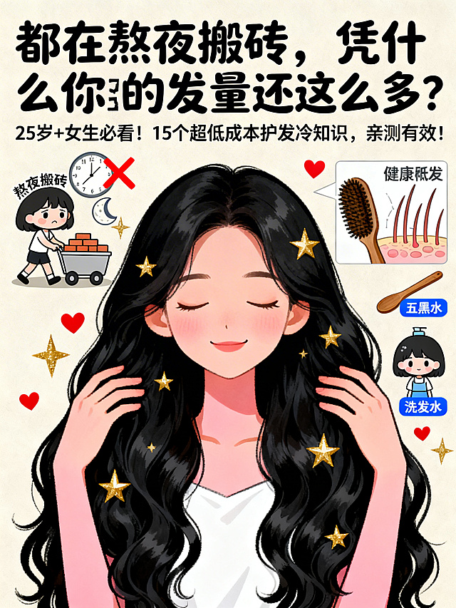 竖版3:4比例，小红书爆款养生科普卡通插画风格，手绘质感，可爱治愈。浅米色简洁背景，正面平视视角，主体是25岁左右东亚女性，闭着眼睛面带温柔微笑，双手轻柔抚摸自己浓密乌黑有光泽的长卷发，发丝垂顺有层次感，头发纯黑色，人物暖粉色肤色，穿纯白色衣物，头发和周围点缀金色星星、红色爱心。主体左侧是卡通化“熬夜搬砖”女生小人，表情疲惫、头发稀疏，推着装满砖块的小车，背景有凌晨3点的时钟和月亮，用红色叉号标注。主体右侧配有显示健康发根的毛囊示意图、木质气垫梳、五黑水、洗头女生小人，五黑水的标签为蓝色。顶部是圆润手写大字“都在熬夜搬砖，凭什么你的发量还这么多？”，下方小字“25岁+女生必看！15个超低成本护发冷知识，亲测有效！”，字体为粗黑体。整体形成“问题-解决方案”的视觉对比，视觉重心稳定。