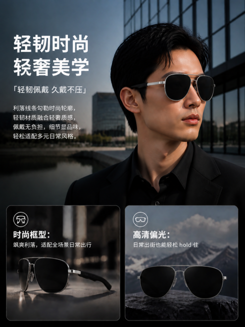 然后把文字也针对这个眼镜的风格调整一下，把运动换成时尚等的文字，然后保持图片整体设计风格与色调基础上换一个模特「图片1」「图片1」「图片1」「图片1」「图片1」「图片1」「图片1」并且严格佩戴我的AI预览效果