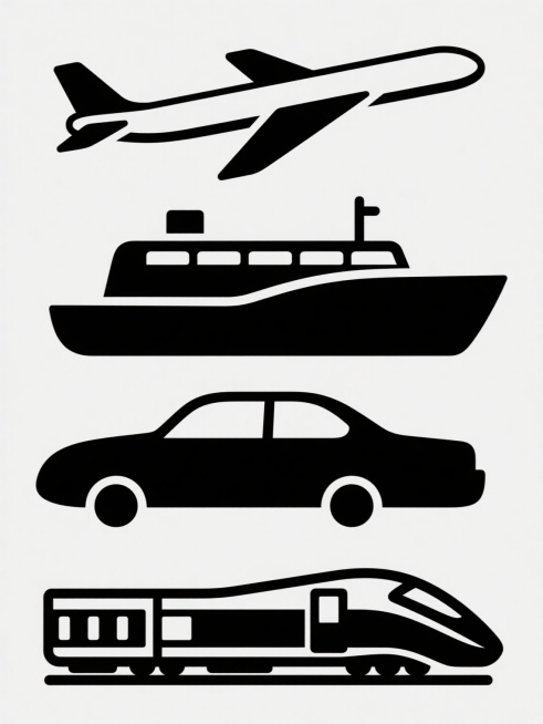 极简风格图标集合，纯色背景，包含四个完全不同的交通工具元素：飞机（简洁侧飞剪影）、轮船（抽象船身与烟囱轮廓）、汽车（侧视轿车剪影）、高铁（流线型车头与车厢组合图标），所有图标均采用统一的纯黑色粗线条绘制，边缘圆润无棱角，风格与原图飞机图标保持高度一致，四个元素规整排布，彼此间距均匀，整体设计简洁明了，具有强烈的视觉统一性和识别度。预览效果