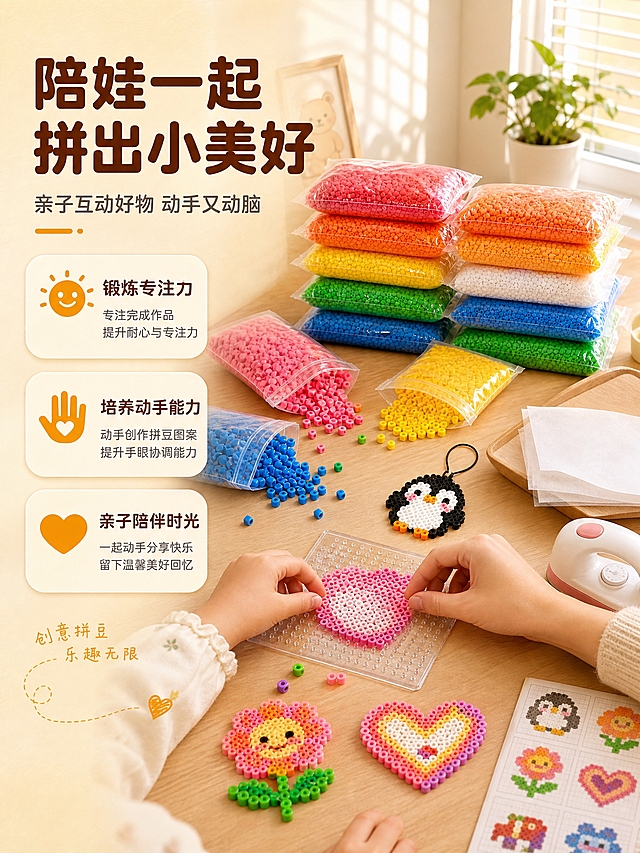 [商品] 使用【图1】【图5】拼豆补充包及拼豆颗粒；保留透明自封袋包装、拼豆颜色与颗粒形态；成品拼豆图案需体现2.6mm融合豆烫合后的平整质感。
[画面] 目标：场景种草页，亲子手作桌面场景，展示拼豆DIY的温馨使用瞬间。构图左文右图，右侧约65%为真实居家桌面场景：浅木色书桌上摆放着拼豆模板、几袋打开的拼豆补充包、烫斗、烫纸，还有几个做好的拼豆成品（小企鹅挂件、爱心、小花）。画面下方有一双小朋友的手和一双妈妈的手一起拼拼豆，亲子互动温馨自然。左侧约35%留白放文案和软卡片。背景是柔和的米白色墙面，窗边有一盆小绿植，阳光从侧面洒进来。
[视觉] 套系策略：风格=温馨治愈手作风 淘宝/天猫品质感；标题字=圆润粗黑体 带轻微圆角；正文字=简洁圆润无衬线体；主色=暖米杏色；背景延展=基于暖米杏做深浅渐变 叠加细腻纸张/木纹质感；强调色=橙黄色 仅用于小面积图标 引线 标签高亮；标题色=深棕红色；正文色=暖深灰；组件=圆角浅底信息卡 软曲线引线 圆点装饰；光影=左前侧暖柔光 窗边自然光感。
[文字] 左侧上方大标题"陪娃一起拼出小美好"，副标题"亲子互动好物 动手又动脑"。下方3个圆角信息卡："锻炼专注力"、"培养动手能力"、"亲子陪伴时光"，每个卡片配一个小图标。文字左对齐，字号保证手机端清晰可读。
[规格] 图片比例3:4竖版，4K，避免变形、错字、手部畸形穿模、冷蓝背景、拼豆颜色失真、水印、平台Logo。