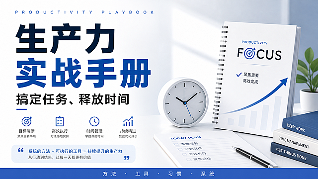 课程封面设计，标题为"生产力实战手册 搞定任务、释放时间"，简约现代商务风格，明亮干净的背景，清晰的字体排版，突出书籍主题，专业设计感