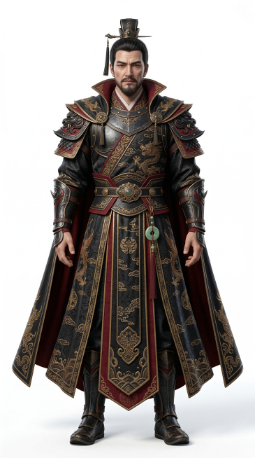 国漫古风40岁左右修仙界钦差男性，全身正面站立，衣服主体黑红配色搭配其他颜色点缀，身披轻甲，无道具，皮肤细腻高细节，纯白背景，3D动漫写实风格，4K超清预览效果