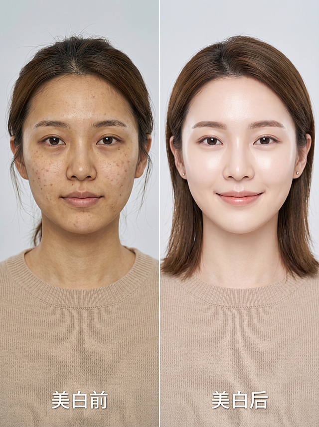 超高清商业人像对比图，同一女性全脸部左右分屏对比，左侧展示美白前：有明显黄气、痘印、晒斑，肤色不均，暗沉皮肤；右侧展示美白后：皮肤清澈透亮，干净白皙，少女光感；全脸完整展示，不要半脸；25岁韩式年轻温婉女性，淡妆，自然肤质，极简浅灰工作室背景，正面均匀商业布光，过渡柔和，写实大片质感，清晰细节。