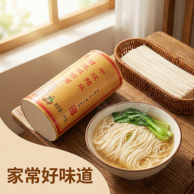[主图 4] 食用场景体验主图
[氛围风格] 生活代入感，温馨治愈，食欲满满
[画面元素] 商业摄影质感、光线柔和通透、产品清晰真实、画面干净高级。原产品包装旁摆放一碗煮好的挂面，汤汁清澈面条根根分明，搭配简单青菜，摆放在木质餐桌上，模拟家庭用餐场景，自然窗边光线，暖调氛围，唤起食用联想，保留产品包装完整信息
[配色色系] 主色调：暖米色，辅助色：汤汁浅灰色，青菜绿色
[视角构图] 略微俯视，层次清晰，满铺无边框
[文字版式] 左下角左对齐，主标题 "家常好味道" 暖棕色粗体，不遮挡面条和产品主体
[比例分辨率] 1:1 比例，2k 分辨率，文字清晰可辨，超高清
[负向提示词] 变形，水印，文字错乱，产品图模糊，背景杂乱，文字遮挡主体
