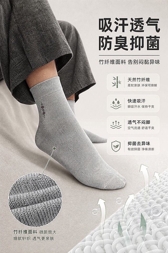 [商品] 使用【图1】浅灰色男士中筒竹纤维袜；商品处理：保留袜子颜色、针织纹理、袜身菱形小标、袜口罗纹、袜跟、袜头缝线和整体版型；自然理顺褶皱，增强竹纤维面料针织纹理的高清细腻质感，不改变任何细节。
[画面] 页面目标：突出吸汗透气与防臭抑菌核心功能，左图右文竖版构图，左侧袜子上脚近景+面料微距圆窗放大，右侧透气气流/微孔示意，产品占画面约65%，背景为暖灰渐变+细腻织物纹理底。
[视觉] 套系策略：风格=国内电商高级商业摄影，干净通透有质感；标题字=现代无衬线粗黑体；正文字=简洁无衬线体；主色=暖灰+竹青；背景延展=基于暖灰做深浅层级、同色渐变和细腻哑光/织物质感；强调色=竹青绿，仅用于小面积图标、引线和重点词高亮；标题色=深炭灰；正文色=中暖灰；组件=圆角浅底信息卡、细线引线、透气气流小图标；光影=左前侧柔和自然光。
[文字] 右上主标题「吸汗透气 防臭抑菌」，副标题「竹纤维面料 告别闷黏异味」，下方4个信息点：天然竹纤维 / 快速吸汗 / 透气不闷脚 / 抑菌去异味；文字横向排版，不遮挡袜子主体和面料微距区。
[规格] 图片比例2:3竖版，2K分辨率，medium质量，避免变形、错字、文字过小、袜子颜色改变、纹理失真、冷蓝/蓝灰背景、医疗化宣传。