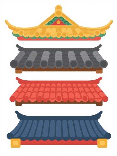 四个中国传统建筑屋顶的卡通风格矢量插画，以规整的垂直排列方式组合在纯白色背景上，整体采用一致的扁平化设计，线条简洁流畅，色彩明快鲜艳。第一个屋顶为金色瓦片，飞檐向上翘起，顶部中央有红色装饰牌，边缘点缀绿色花纹；第二个屋顶为深灰色瓦片，瓦片呈圆筒状横向排列，两侧飞檐微微上翘，底部为棕色支撑结构；第三个屋顶为红色瓦片，呈长条状紧密排列，屋顶两侧有对称的红色翘起装饰，中央有两个圆形图案；第四个屋顶为……预览效果