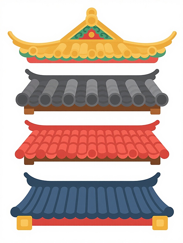 四个中国传统建筑屋顶的卡通风格矢量插画，以规整的垂直排列方式组合在纯白色背景上，整体采用一致的扁平化设计，线条简洁流畅，色彩明快鲜艳。第一个屋顶为金色瓦片，飞檐向上翘起，顶部中央有红色装饰牌，边缘点缀绿色花纹；第二个屋顶为深灰色瓦片，瓦片呈圆筒状横向排列，两侧飞檐微微上翘，底部为棕色支撑结构；第三个屋顶为红色瓦片，呈长条状紧密排列，屋顶两侧有对称的红色翘起装饰，中央有两个圆形图案；第四个屋顶为深蓝色瓦片，瓦片呈横向长条状，两端有黄色方形装饰，整体造型较为平缓。所有屋顶均保留传统建筑的瓦片纹理和飞檐等核心特征，无任何文字、LOGO、二维码等元素，适合作为系列素材集合使用。
