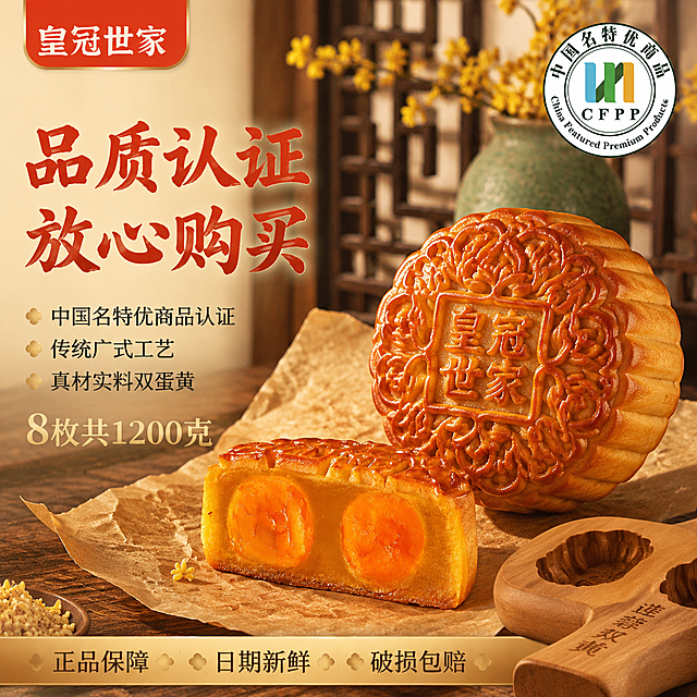 [主图-2] 双黄莲蓉月饼品质认证与工艺亮点图。
[氛围风格] 国潮品质感 中式典雅 突出认证与传统工艺信任背书。
[画质] 商业美食摄影质感 高清细腻 月饼纹理清晰 细节丰富。
[元素] 画面中央偏右为完整双黄莲蓉月饼 旁边一块切开展示双蛋黄剖面 蛋黄橙红油亮 莲蓉金黄绵密 保持月饼外观与输入产品图一致 无变形色差。月饼下方铺着古朴油纸 旁边摆放木质月饼模具 展示传统工艺元素。背景为中式古典场景 木质格栅 青瓷花瓶插着桂花枝 虚化处理 突出文化底蕴。画面右上角放置中国名特优商品圆形认证徽章 绿色边框清晰可见。左上角放置皇冠世家品牌Logo 红色底白字圆角矩形。
[光影] 柔和暖光从左前方打来 月饼受光均匀 蛋黄通透有高光 莲蓉绵密质感清晰 整体暖金色调 阴影柔和 质感高级。
[配色] 主色调 暖金 深棕 辅色 中国红 米白 墨绿。
[视角构图] 45度斜侧平视 月饼为视觉重心 前中后景分层 景深较大 背景虚化 主体突出 画面满版无边框。
[文字版式] 左侧负空间左对齐 顶部大标题 品质认证 放心购买 红色粗体书法字 最大号。下方分三行小字 中国名特优商品认证 传统广式工艺 真材实料双蛋黄 黑色宋体 每行前加金色小圆点。再下方 8枚共1200克 金色粗体突出。底部半透明金色条 正品保障 日期新鲜 破损包赔。文字清晰可读 不遮挡月饼主体。
[输出要求] 1:1比例 文字清晰锐利 超高清商业摄影质感。
[负向提示词] 变形 文字错乱 产品模糊 背景杂乱 水印 电商平台Logo 人物 手部。