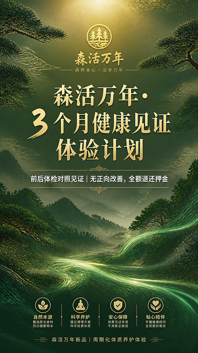 森活万年品牌主视觉海报，新中式健康养生风格，深墨绿色与金色为主色调，米白色为辅助色。画面中央是大气的主标题文字"森活万年・3 个月健康见证体验计划"，字体为典雅的宋体/书法体结合，金色描边。副标题"前后体检对照见证｜无正向改善，全额退还押金"位于主标题下方，白色字体。底部小字"森活万年新品｜周期化体质养护体验"。背景为抽象的森林自然元素——远山、松枝、云雾、流动的绿色光带，营造自然温润的养生氛围。画面上方有淡淡的金色光晕，整体高级、宁静、有信任感。版式精美，居中对称构图，大量留白，质感细腻。画面中所有信息区域必须填充完整合理的内容，不得出现空白框或占位。无二维码。