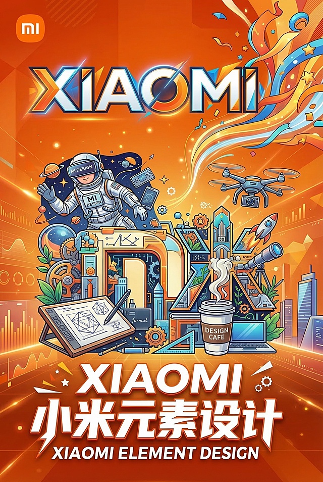 一个设计感十足的宣传海报，以渐变橙色为背景，突出“小米元素设计”的主题。画面中心是一个由各种设计元素构成的“小米”LOGO，每个logo的组成部分都充满了创意，包含虚拟现实眼镜、画板、遥控飞机、咖啡杯、宇航员和各种奇特的场景。数字上方有“XIAOMI”的文字，采用白色和橙色等多种颜色搭配，字体设计充满科技感和活力。右上方有类似彩带的装饰。整体风格充满未来感和创造力，色彩鲜艳，构图复杂，给人一种热闹、充满活力的感觉。下方添加文字“小米元素设计 XIAOMI ELEMENT DESIGN”，左上角保留小米品牌logo