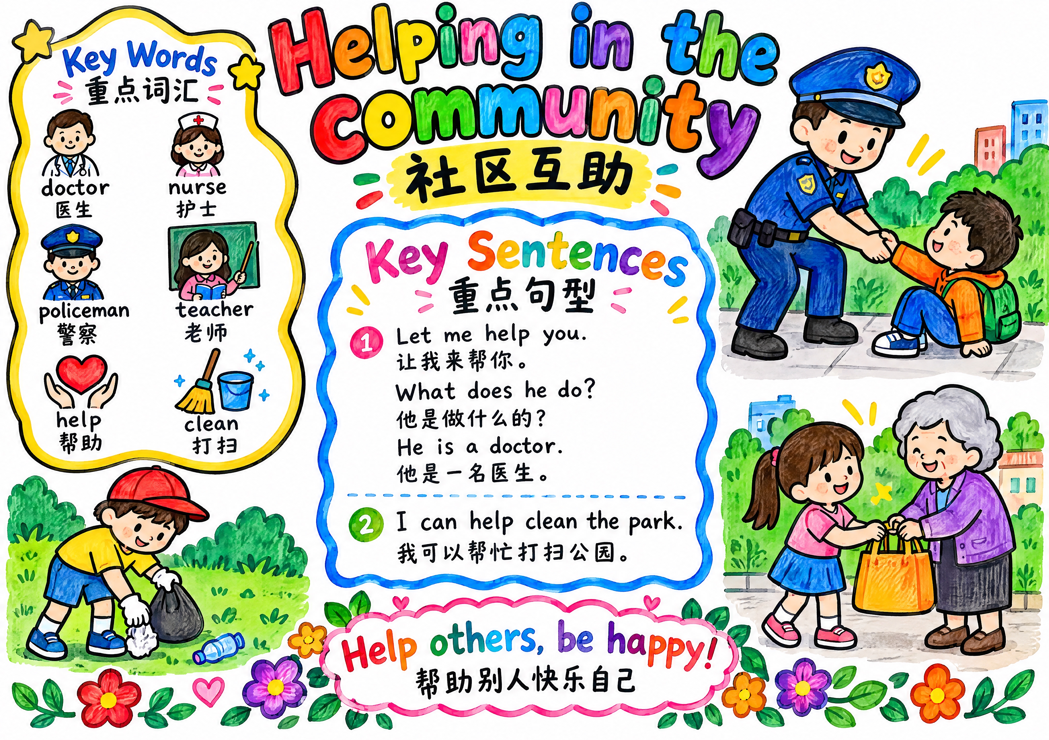 A4横版英语手抄报，顶部居中标题"Helping in the… - 图片创意预览