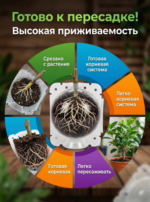 ozon商品场景图，产品为透明塑料植物生根繁殖盒，使用中心辐射分框构图，展示截下来移栽后的成品效果，标注俄文字样'Готово к пересадке! Высокая приживаемость',预览效果