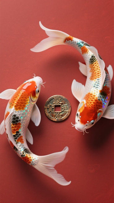 两条锦鲤围着铜钱，红色背景，梦幻氛围，简单干净，低饱和度预览效果