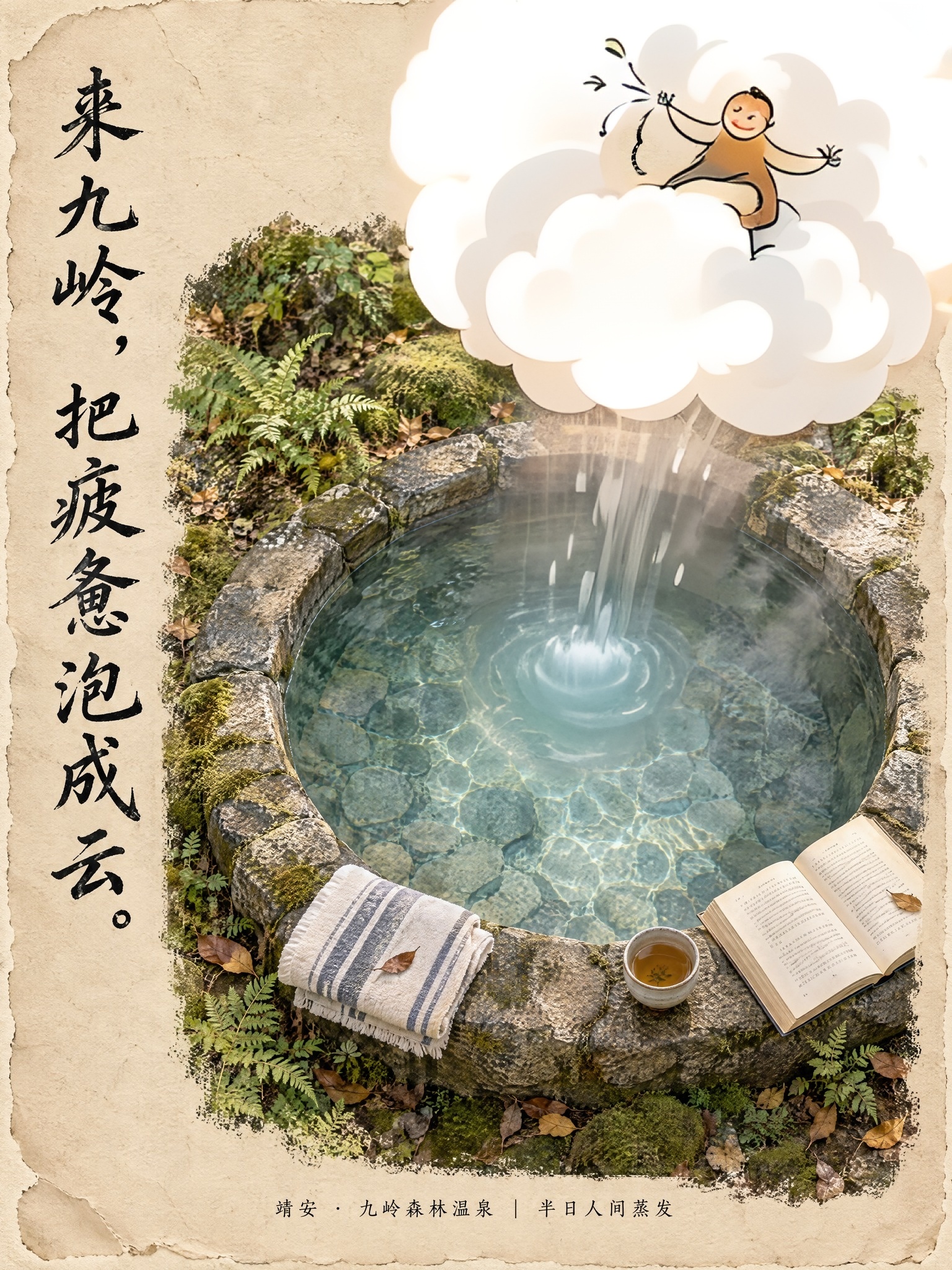 温泉上方飘着一朵胖乎乎的简笔白云，云上坐着一个小小的简笔人物，… - 图片创意预览