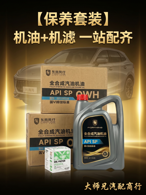 [主图 6] 包装套装全家福展示图。[氛围风格] 统一高端黑金贵气风格，金色发光打底，低透明度东风风行星海汽车背景。[画质] 高清商业摄影，整体清晰通透。[元素] 完整展示机油+机滤+外包装纸盒整套产预览效果