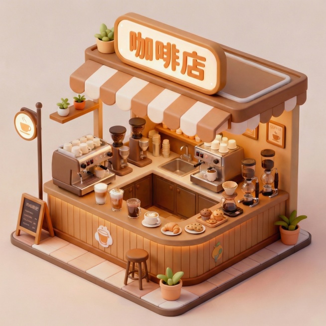 去除画面中的两个卡通小猫形象，将招牌上的“咖啡店”文字调整为正常阅读顺序预览效果