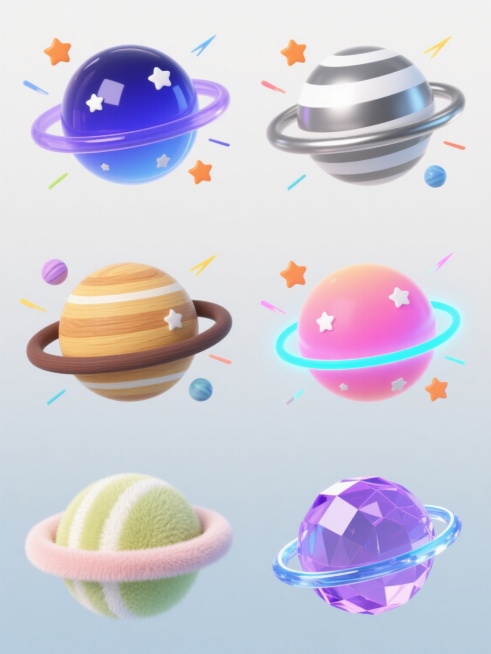 一组6个相同造型的卡通风格行星图标集合，每个行星都有带白色条纹的环形轨道、表面点缀着白色星星和橙色小星星，周围环绕着彩色小星球和流星线条，整体呈圆形构图，行星位于中心位置，所有图标在纯色背景上规整排列成2行3列的网格布局。第一个行星采用光滑玻璃材质，呈现深邃的蓝色渐变，环形轨道为半透明紫蓝色，背景为纯白色；第二个行星为哑光金属质感，整体呈银灰色，环形轨道为磨砂金属灰并带有白色高光条纹，背景为浅……预览效果