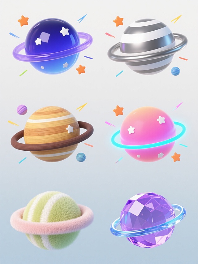 一组6个相同造型的卡通风格行星图标集合，每个行星都有带白色条纹的环形轨道、表面点缀着白色星星和橙色小星星，周围环绕着彩色小星球和流星线条，整体呈圆形构图，行星位于中心位置，所有图标在纯色背景上规整排列成2行3列的网格布局。第一个行星采用光滑玻璃材质，呈现深邃的蓝色渐变，环形轨道为半透明紫蓝色，背景为纯白色；第二个行星为哑光金属质感，整体呈银灰色，环形轨道为磨砂金属灰并带有白色高光条纹，背景为浅灰色；第三个行星是木质纹理材质，行星表面为温暖的棕黄色木纹，环形轨道为深棕色并保留白色条纹，背景为米白色；第四个行星为霓虹灯发光材质，行星主体为亮粉色渐变并带有发光边缘，环形轨道为亮蓝色发光效果，白色条纹部分发光更强，背景为深紫色；第五个行星是毛绒材质，整体呈柔和的浅绿色，表面有绒毛质感，环形轨道为浅粉色毛绒材质，白色条纹为白色绒毛，背景为淡蓝色；第六个行星为水晶材质，呈现清澈的紫色透明感，内部有细微的水晶纹路，环形轨道为透明蓝色水晶并带有白色条纹，背景为淡黄色。所有图标保持完全一致的元素内容和造型结构，仅在材质表现和整体色彩上形成鲜明对比，每个图标独立在各自的纯色背景中，整体设计风格统一为可爱卡通，视觉效果和谐且富有系列感。