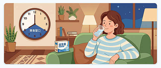 一位年轻女性坐在沙发上喝水，旁边放着一盒益生菌，墙上的时钟显示晚8点到次日早8点之间被标记为禁食窗口，她表情放松，背景温馨居家，扁平插画风格
