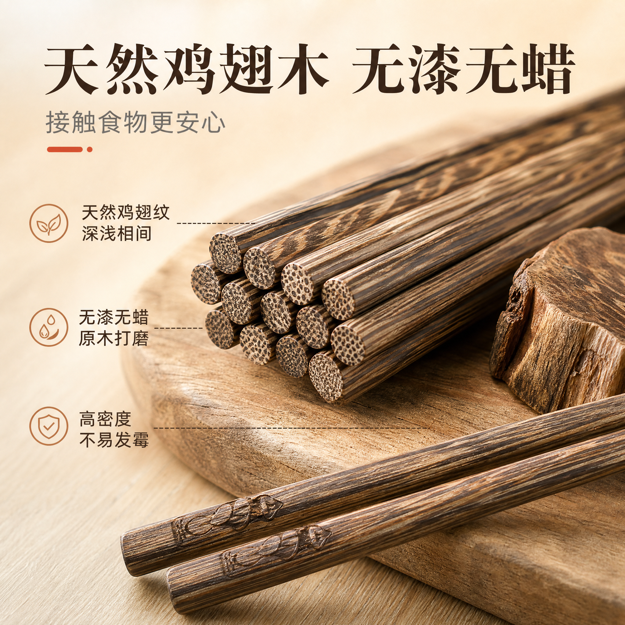 [主图-3] 材质细节与安全性 天然鸡翅木 无漆无蜡 [统一基… - 图片创意预览