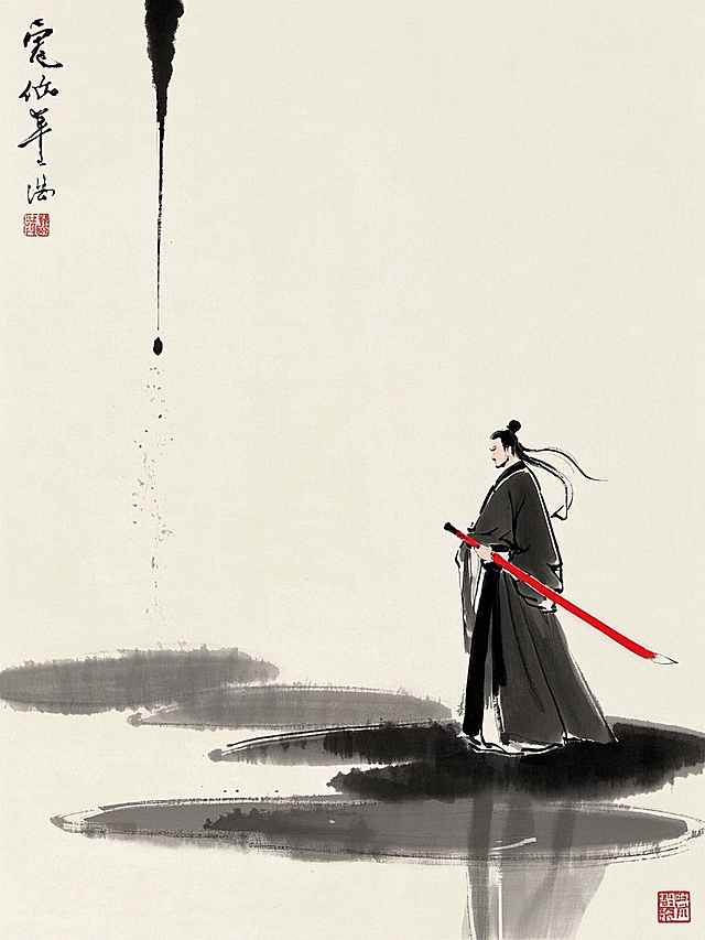 水墨风古典侠客，红剑映水，意境深远，中式韵味浓。