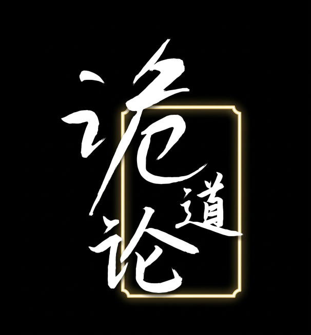 复刻一模一样的Logo，主体为汉字'诡论道'书法文字，采用毛笔手写行书风格，白色字体搭配黄色发光描边竖框，和参考图版式保持一致，黑色背景，清晰干净的汉字Logo设计预览效果