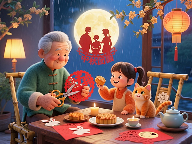 温馨卡通风插画，融合剪纸与3D元素，祖孙共度中秋，月圆灯暖，喜庆团圆。