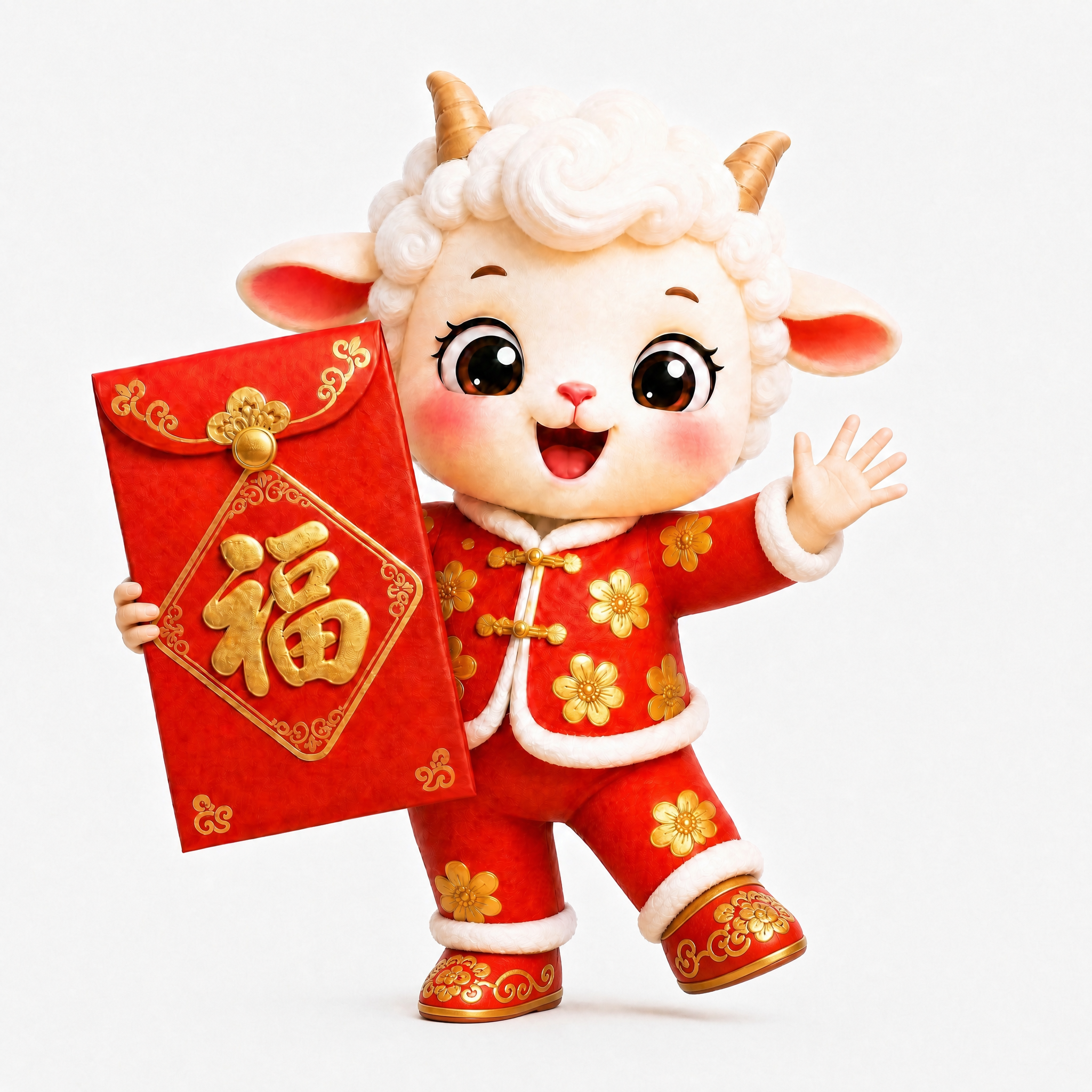 将小羊的脚换成红色的中式新年鞋子，鞋子上有金色花纹装饰，与年服… - 图片创意预览