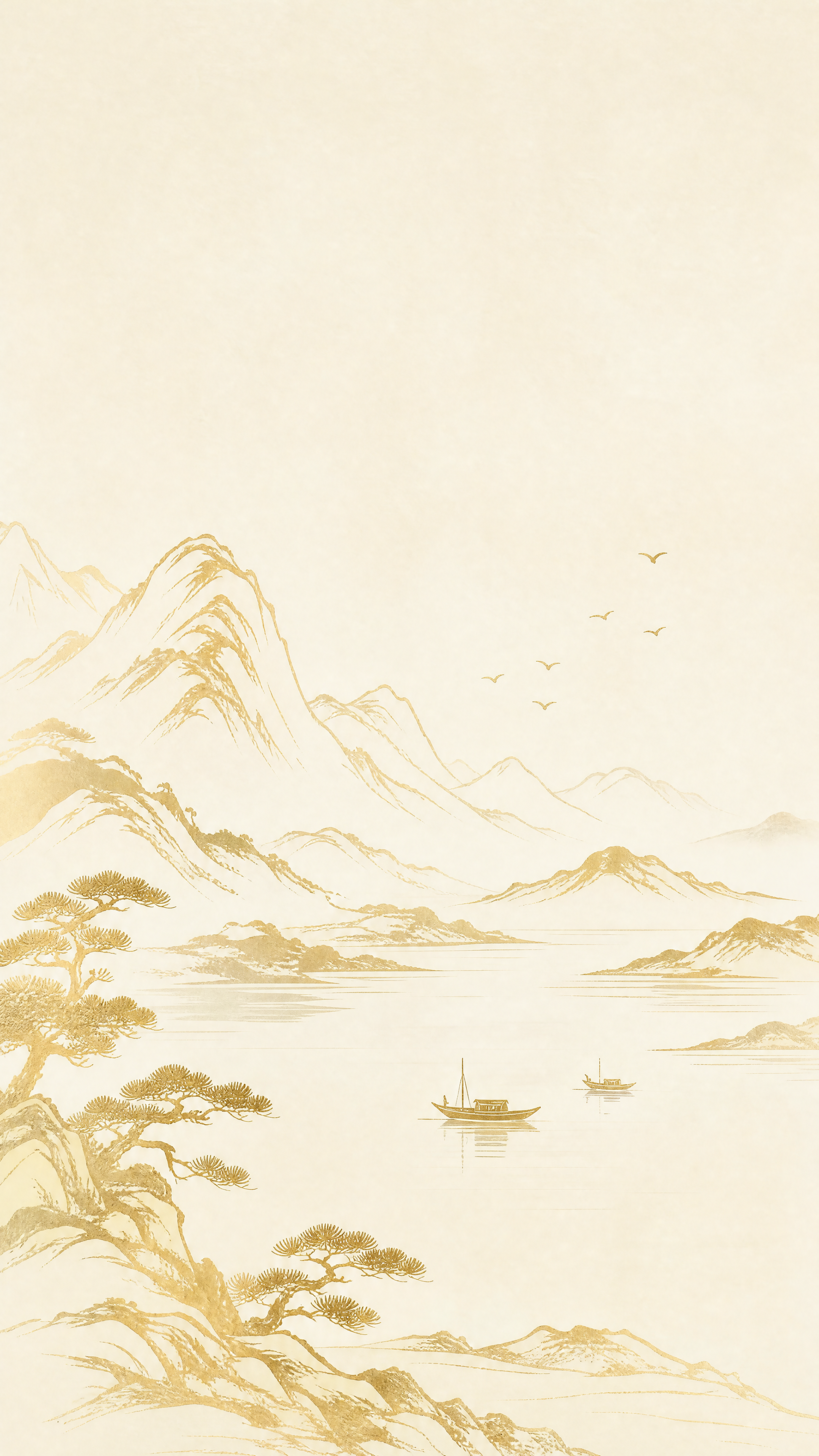 中式山水背景底纹，参考图中烫金山水风格，金色线条勾勒的山水图案… - 图片创意预览