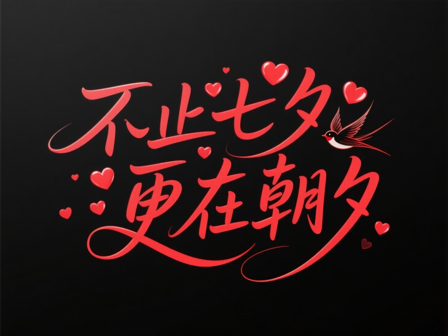 文字“不止七夕 更在朝夕”，文字穿插点缀爱心和喜鹊。高级感，黑底红字。预览效果