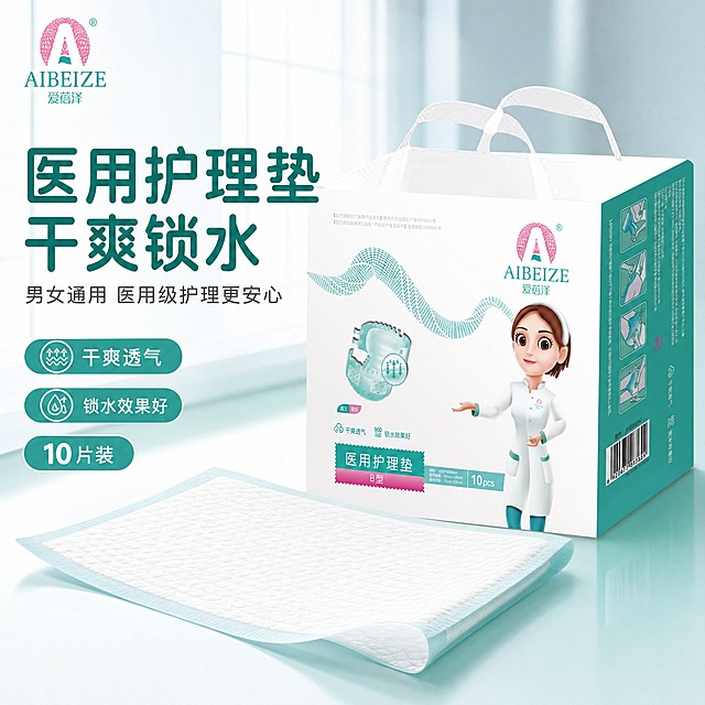 [主图-1] 首图产品英雄图，突出医用护理垫专业品质与干爽锁水核心卖点，提升点击率。
[统一基调] 整体风格为专业医疗护理风，干净通透，浅蓝绿主色调搭配白色辅助色，传递安全可信、干爽洁净的护理感受。背景为柔和渐变的浅青白色医疗级洁净空间，带轻微窗光效果。标题字色为深青绿色，辅助文字为深灰色，强调色为品牌粉。字体使用圆润清晰的无衬线黑体，卖点标签为圆角胶囊样式，图标线条简洁。
[画面] 产品包装盒（爱蓓泽医用护理垫B型 10片装）位于画面中央偏右，呈45°角立体展示，占画面约55%，包装盒外观、颜色、卡通护士形象、品牌Logo与输入图完全一致。包装盒前方放置一片展开的护理垫产品实物，展示表层材质纹理。左侧为大标题主视觉区域。左上角放置爱蓓泽品牌Logo。底部有三个圆角胶囊卖点标签。整体构图饱满，产品完整不切割。
[光影质感] 商业摄影质感，柔和主光从左上方照射，产品右侧形成自然柔和阴影，包装盒表面有细腻光泽，护理垫表层呈现柔软亲肤质感，整体光线均匀通透，无硬阴影。
[配色] 主色浅青绿色（与包装盒侧面一致），辅助色白色，强调色品牌粉色，背景为浅青白渐变，文字深青绿+深灰，整体色调统一干净。
[文字版式] 左侧上方大标题："医用护理垫 干爽锁水"，字体加粗圆润无衬线，深青绿色。标题下方副标题："男女通用 医用级护理更安心"，字号缩小50%以上，深灰色。底部三个胶囊标签从左到右："干爽透气"、"锁水效果好"、"10片装"，标签底色浅青绿，白色文字。左上角品牌Logo与原图一致。所有文字清晰可读，不遮挡产品主体。
[输出要求] 1:1正方形比例，2K高清分辨率，产品外观与输入图完全一致，文字清晰无错字，画面干净专业，无多余杂物。禁止变形、模糊、水印、平台Logo、夸张医疗功效宣称。