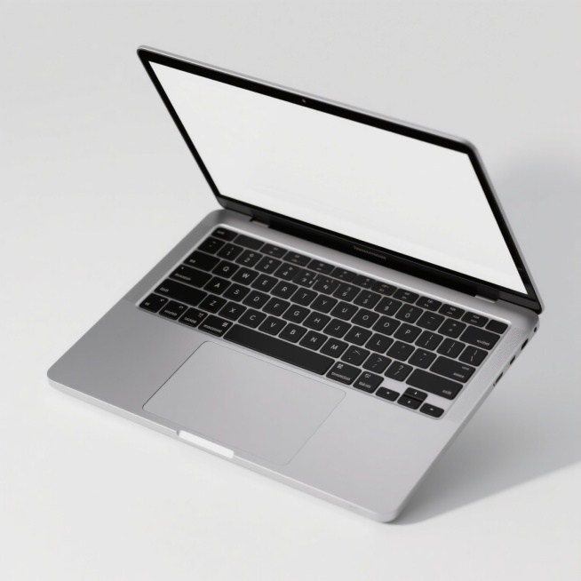 一张具有高度写实主义风格的笔记本电脑产品展示图，白色背景，银色金属机身搭配黑色边框与键盘，屏幕为纯白色，采用正面略微倾斜的经典展示角度，机身线条流畅简约，金属表面呈现细腻的磨砂质感并带有轻微的高光反射，键盘按键细节清晰可见，整体光影柔和均匀，营造出专业、现代、简洁的产品展示氛围，具有电子产品广告海报的视觉层级和信息传达效率。预览效果