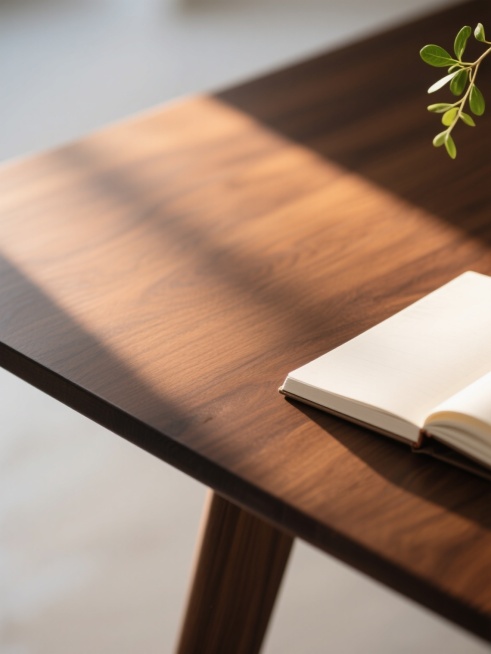 一张木桌的特写镜头，采用极简主义摄影风格，暖色调光线从左侧斜射，在深棕色木纹桌面上形成柔和的光影渐变，桌面边缘可见一本翻开的白色笔记本，右上角有一小株绿色植物的局部枝叶，背景模糊处理，突出木质纹理的细腻质感和简洁宁静的氛围。预览效果