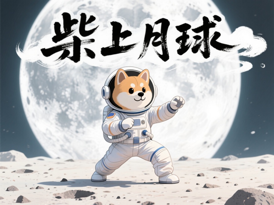 一只穿着宇航服的柴犬在月球上打空手道，卡通风格，柔和的色彩，上面有水墨畫字體 "柴上月球"预览效果