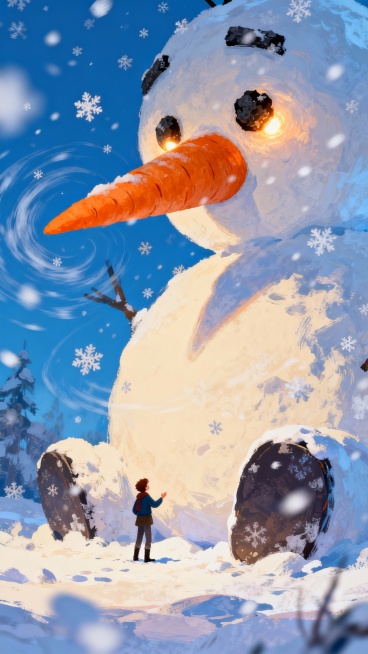 微小的人物与像守护者一样高耸在他们上方的巨大雪人互动，巨大的胡萝卜鼻子，发光的煤块眼睛，雪花在他们庞大的身体周围旋转预览效果