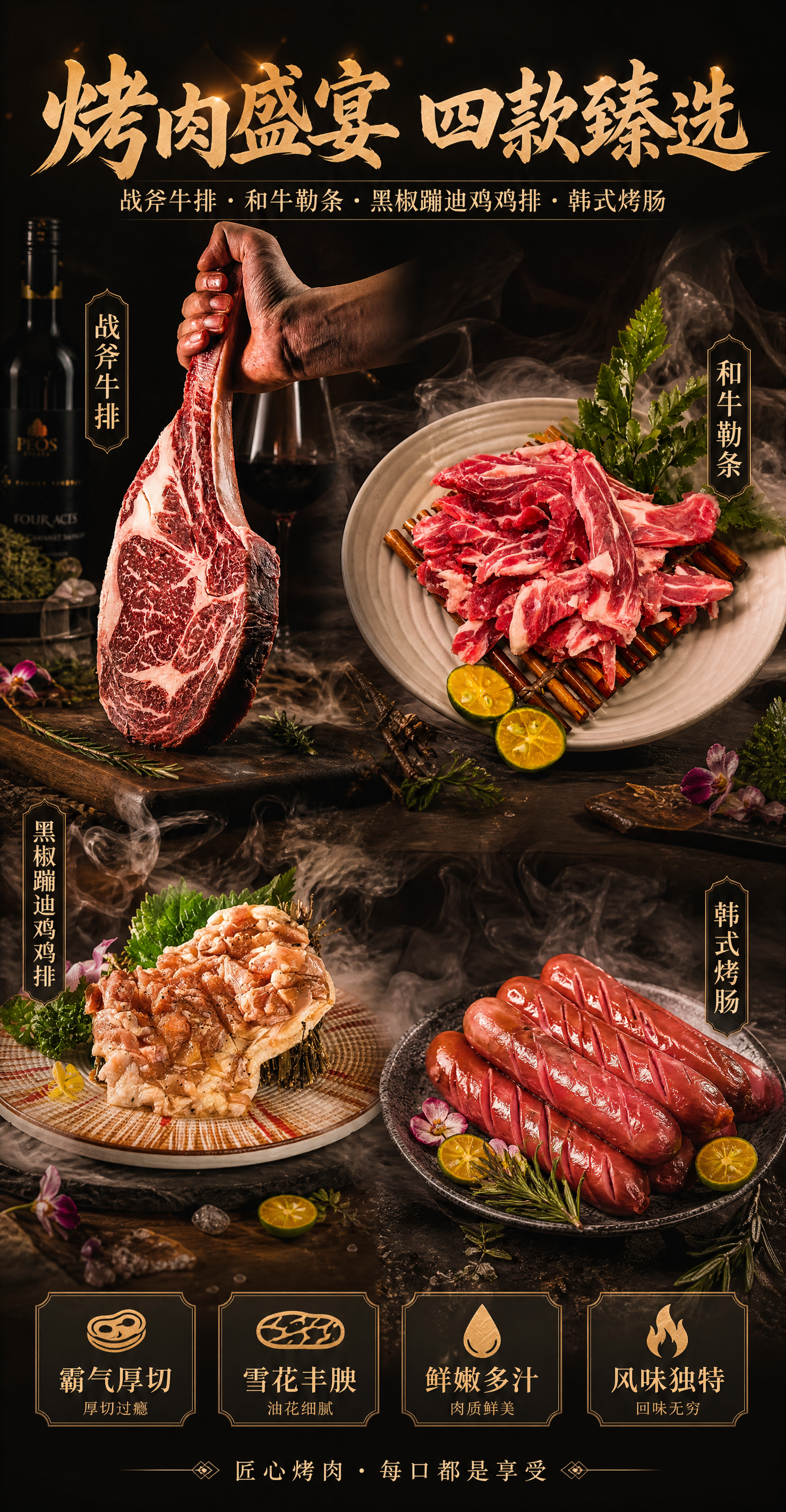 高端烤肉店宣传海报，竖版展架构图。画面展示四款烤肉食材，以精美… - 图片创意预览